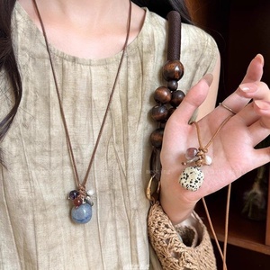Collar de cuerda trenzada de aleación con perlas para mujer, estilo vintage, con piedra ojo de tigre <span class=keywords><strong>chino</strong></span>, <span class=keywords><strong>cadena</strong></span> larga para colgar en el cuello, disponible. - Product Image 4