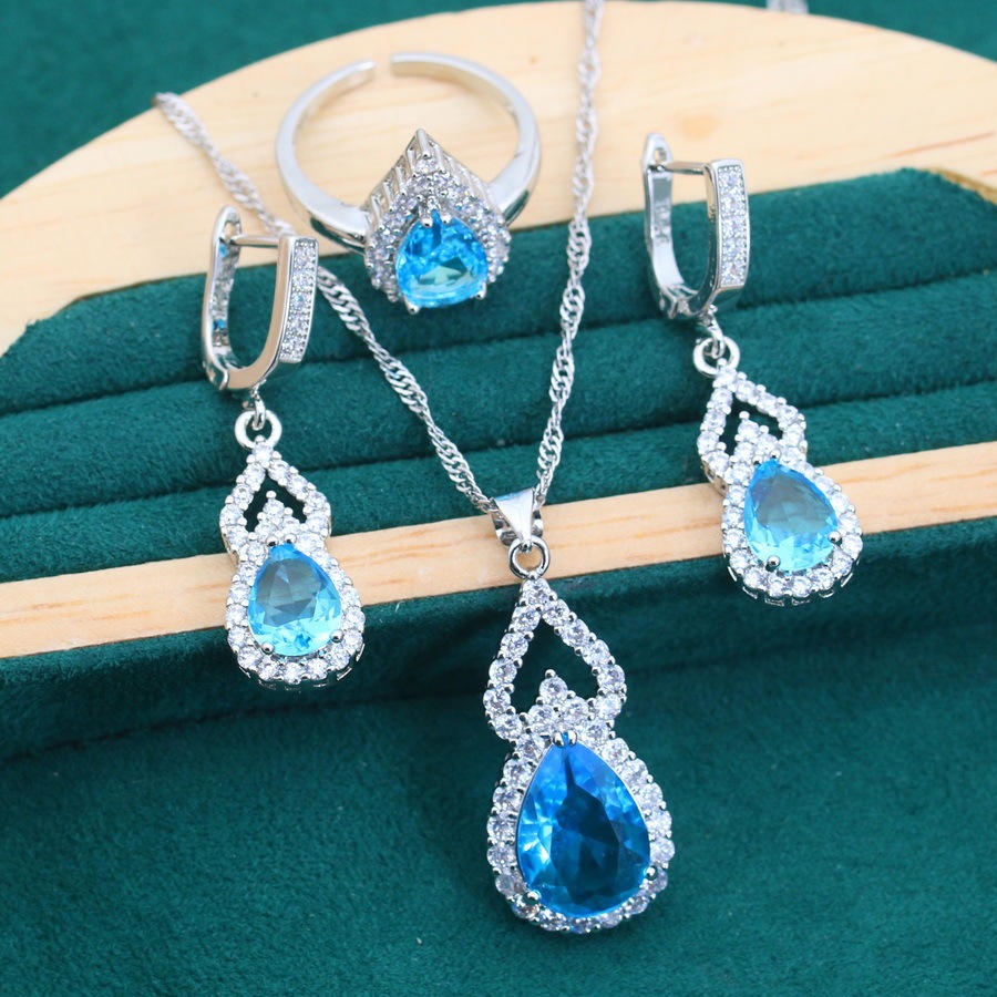 Sterling Silver Halo Necklace & Stud Earrings Set With Gemstone (Aquamarine) - Gift Box, 18" Chain, For Women & Girls - View #10