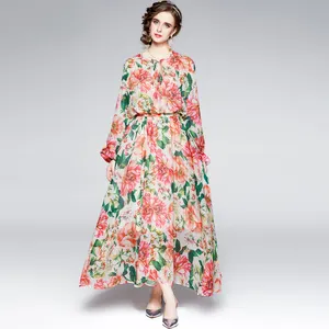 Latest Design Long Sleeves Pleated Chiffon Dresses Elegant Floral Print Maxi Dress Ladies Summer Dress