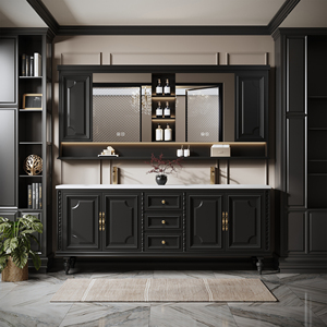 <span class=keywords><strong>Mobile</strong></span> <span class=keywords><strong>Bagno</strong></span> Nero con Pannello Goffrato e Doppio Lavabo, Armadietto in Legno Massello con Nicchia Centrale Illuminata e Specchio Antiappannamento a LED - Product Image 1