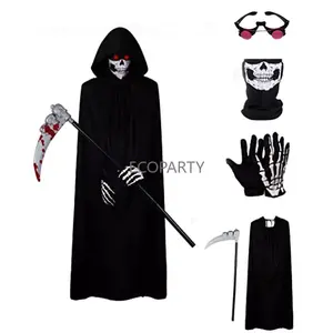 Kostum Halloween hantu Iblis anak-anak dewasa Dress Up Pria Wanita Black Scream Death Demon Grim Reaper pakaian Cospaly dan Masker