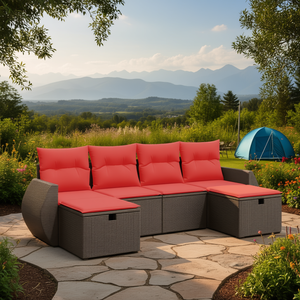 Set Divano da Esterno in Polyrattan per 6 Persone, Marrone, con Cuscini, Design Elegante - Product Image 2