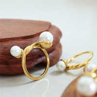 Bague ajustable ouverte en acier inoxydable plaqué or 18 carats avec double perle, design torsadé simple, pour femme, idéale pour les fiançailles et le quotidien