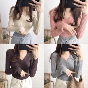 Tendances nouveau col en V épais coupe ajustée pull chaud à manches longues en tricot <span class=keywords><strong>T</strong></span>-<span class=keywords><strong>shirt</strong></span> pour <span class=keywords><strong>femme</strong></span> - Product Image 2