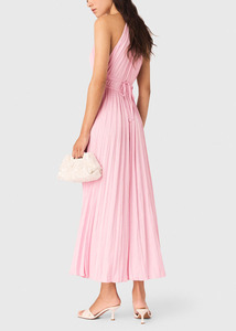 Robe longue plissée en satin pour femmes, col halter, taille smockée avec ceinture à nouer, robe de soirée d'été pour femmes - Product Image 4