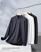Kemeja Pria Kasual Bergaris Lengan Panjang Bahan Stretch Woven Kancing Depan Kerah Turn-Down Bernapas Anti Kusut Musim Semi