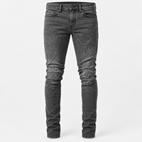 Jeans slim en denim délavé anthracite personnalisés pour hommes avec motif botanique ton sur ton pour les marques de streetwear