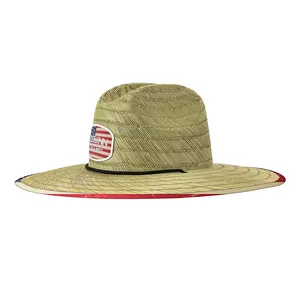 Custom Logo Wide Brim American Flag Lifeguard Men's Fishing Straw Beach Hats With Underbrim Print