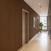 Revêtement mural intérieur WPC WYRAX en noyer noir pour couloirs d'événements professionnels avec finition murale à joint aligné et profil mural à âme composite