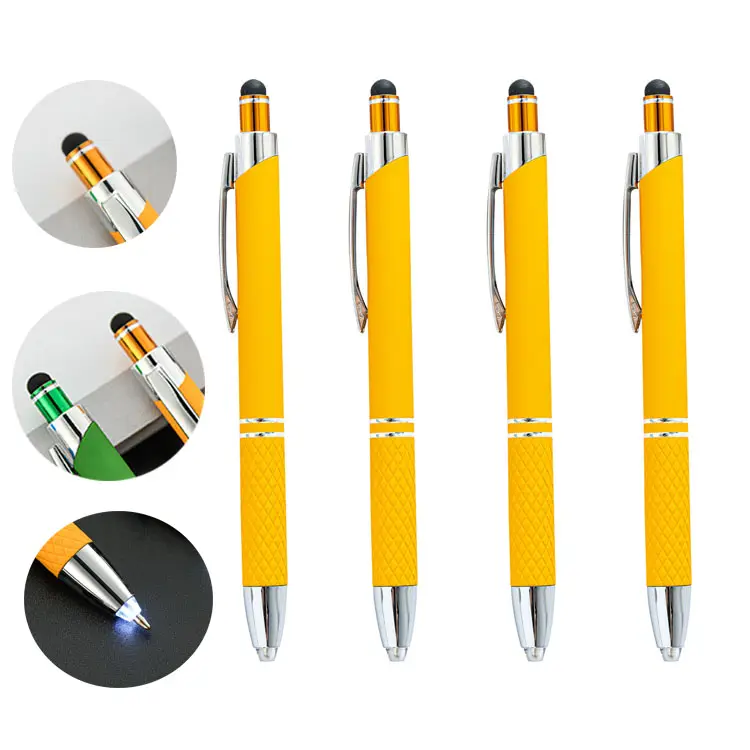 Nuevo bolígrafo promocional de goma y aluminio con punta de luz LED, logotipo impreso personalizado para pantalla Stylus, teléfono móvil