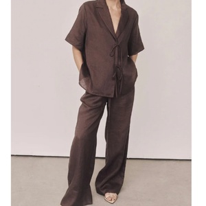 Conjunto Casual y Elegante de Dos Piezas para Mujer, Primavera-Verano, Color Sólido, Camisa Tipo Cárdigan de Algodón y Lino y Pantalones Anchos - Product Image 1