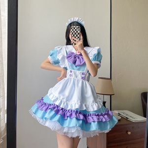 Love Maid Japanese Style Maid Outfit Blue Purple Short Sleeve Satin Cosplay Costume Women's Restaurant Uniform - Product Image 1