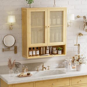 Armoire murale de salle de bains en <span class=keywords><strong>bambou</strong></span>, organisateur de rangement en <span class=keywords><strong>bambou</strong></span> au-dessus des toilettes avec 2 portes en <span class=keywords><strong>rotin</strong></span>, étagère réglable en bois - Product Image 6