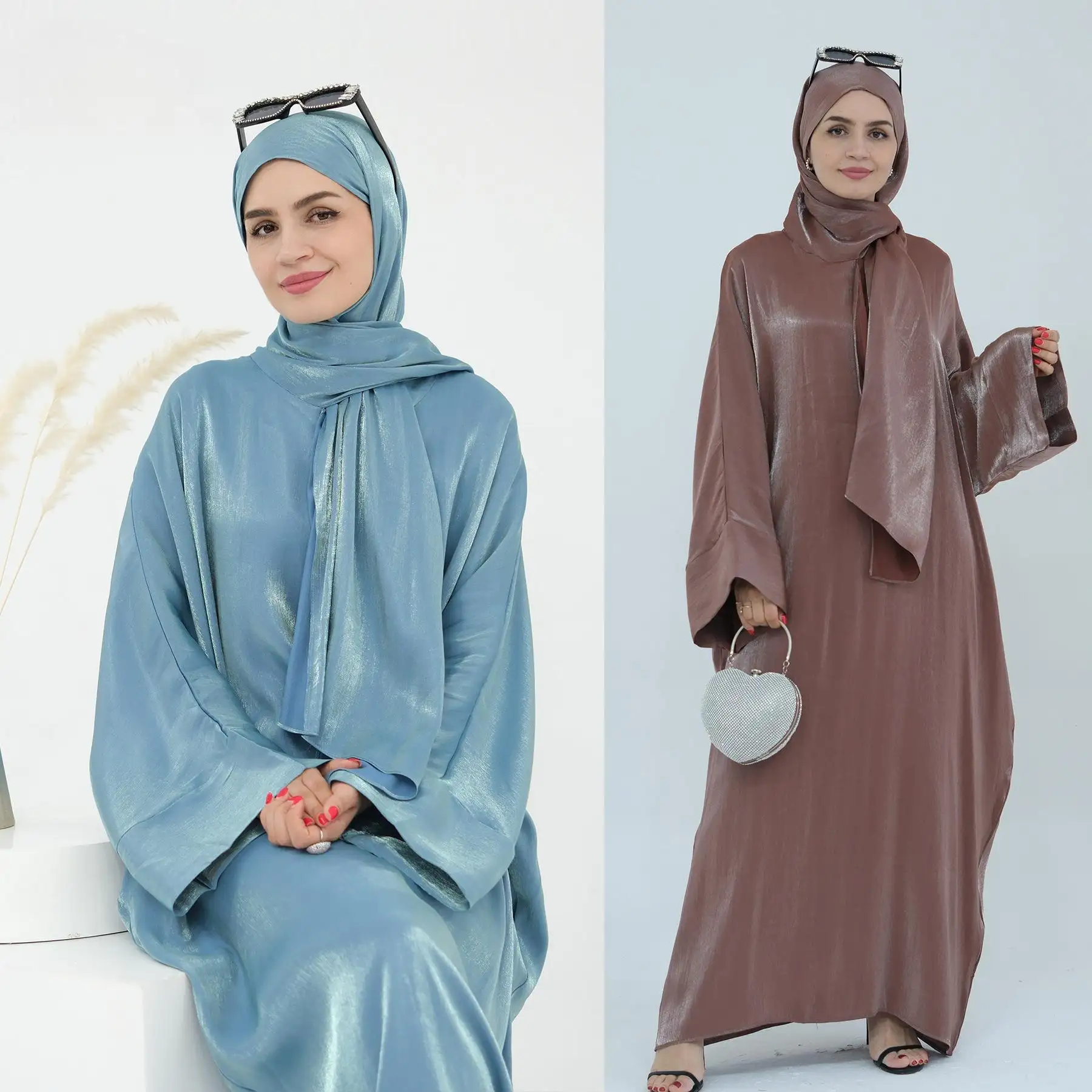 女性と女性のアバヤドレスのための最新のイスラムドレスサテンカフタンデザインの408シャイニー人気女性ドレス