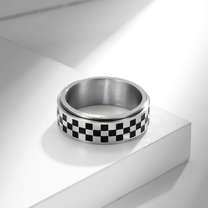 Men's Black White Checkered Titanium Steel Rotating <b>Ring</b> Geometric Design Index Finger Jewelry Gift - Product Image 4
