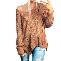 Maglione con scollo a V profondo da donna maglione lavorato a maglia sciolto a maniche lunghe maglione lavorato a maglia scavato