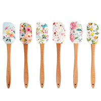 Spatule en silicone de qualité alimentaire à motif de fleurs drôles avec grattoir de mélange à manche en bois pour la cuisson et le sauté
