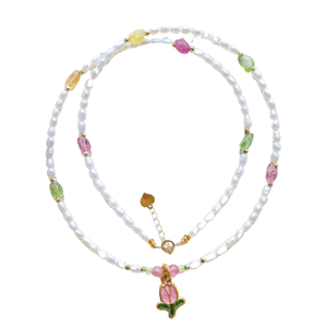 Delicate Sweet Cute 18K Gold Tulip <strong>Pendant</strong> Natural Freshwater <strong>Pearl</strong> Tourmaline Fine Beaded <strong>Necklace</strong> - Product Image 5