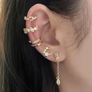 Women Korean Earrings CZ Stone 18K Gold Plated Earring Brass Ear Cuff and Stud Earrings set for women