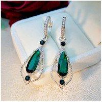 Bijoux en cuivre plaqué argent vert émeraude boucles d'oreilles Zircon cerceau grande fête géométrique à la mode balancent boucles d'oreilles de mariageGEH0980