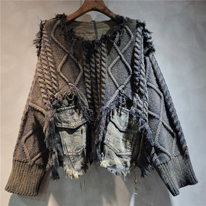 2025 Vintage à manches longues Denim poches Patchwork col en v <span class=keywords><strong>pull</strong></span> hauts amples <span class=keywords><strong>vieux</strong></span> modèles femmes tricoté <span class=keywords><strong>pull</strong></span> - Product Image 6