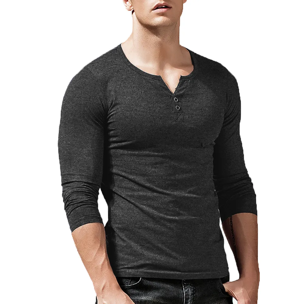 Ready To Ship Wholesale Casual Slim Fit Henley Shirt Long Sleeve Muscle Wear Mens Gym T shirt