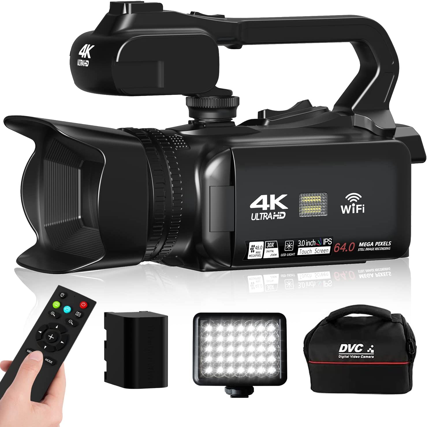 VETEK Camcorders Video Camera 4K, Video Camera Auto Focus Vlogging Camera For YouTube 64MP 60FPS 4 Inch Touch Screen 18X Digital Zoom With WiFi, 64G SD Card, Fill Light, Remote