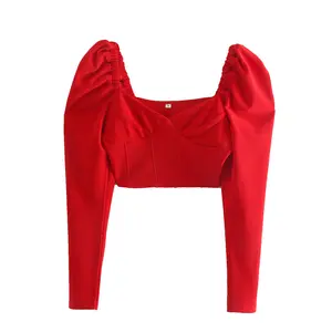 Top ajustado con cuello cuadrado para mujer, top corto de manga abombada a la moda, color Rojo