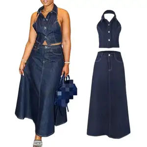 ZHEZHE 2024 Großhandel Jeans sexy 2-teiliges Set für Damen Halter rückenfrei Baumwolltop matching elastischer Maxi-Rock Damen Denim-Set