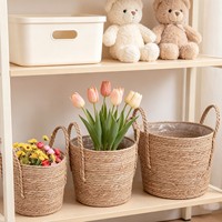 Panier de rangement en corde de paille tressée à la main avec poignées tressées, panier décoratif tissé pour plantes, linge et maison