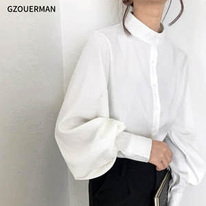 2024 nuova moda <span class=keywords><strong>donna</strong></span> <span class=keywords><strong>grande</strong></span> sbuffo manica a lanterna primavera autunno collo singolo camicie <span class=keywords><strong>con</strong></span> collo alto da ufficio camicetta da lavoro <span class=keywords><strong>camicia</strong></span> solida - Product Image 3