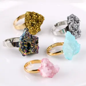 Gold Plated Personalized Agate Druzy Ring Fashion Adjustable Open Rainbow Raw Rose Quartz Ring