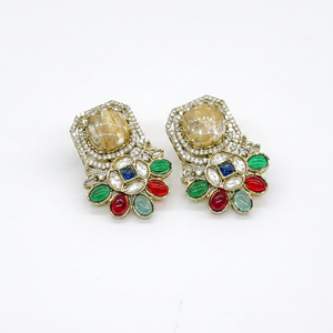 Pendientes de tuerca 09410, pendientes chapados en Mehandi, pendientes de circonita cúbica, pendientes florales coloridos de latón para bodas y fiestas para mujer - Product Image 1