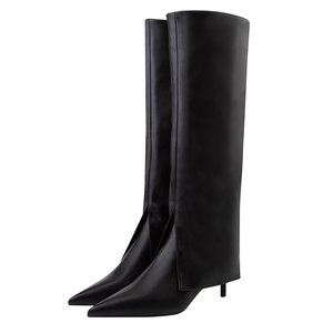 Bottes hautes personnalisées à talon aiguille et bout pointu, avec fermeture éclair, en cuir noir, élégantes, pour l'hiver, pour soirée, de créateur, du fabricant - Product Image 1