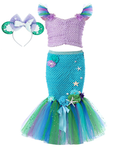 Costume da Sirena in 2 Pezzi, Top con Paillettes e Tulle, Outfit per Bambini per Feste di Compleanno e Cosplay, Costume da Piccola Sirena con Fascia per Capelli - Product Image 5