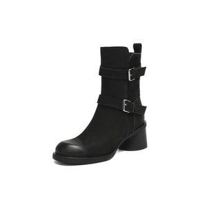 Botas Cortas de Mujer con Plataforma y Tacón Plano, Estilo Europeo Retro, Hebilla de Cuero Genuino, Cierre Lateral con Cremallera, Versátiles y Sencillas - Product Image 1