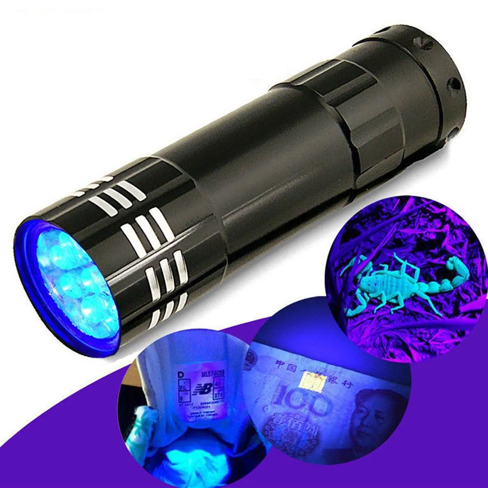 Mini 9LED Aluminium UV Ultra Violet Torch Flashlight Black light ,Detect Metal Cracks Money Detector Device
