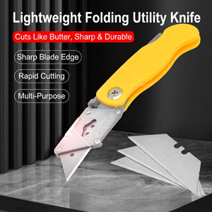 Cuchillo plegable multiusos amarillo de 152 mm con hoja de acero inoxidable, material ABS, diseño compacto para cortar papel, cajas, alfombras y papel tapiz. - Product Image 2