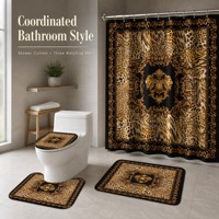 Ensemble de rideau de douche léopard 4 pièces, décoration de salle de bain de luxe noir et or avec rideau imprimé et tapis, motif médaillon doré orné