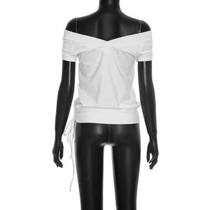 Viviblook C26TP254 Camiseta informal de verano para mujer, nueva, sexy, con cuello en V, hombros descubiertos y cordón ajustable. - Product Image 2
