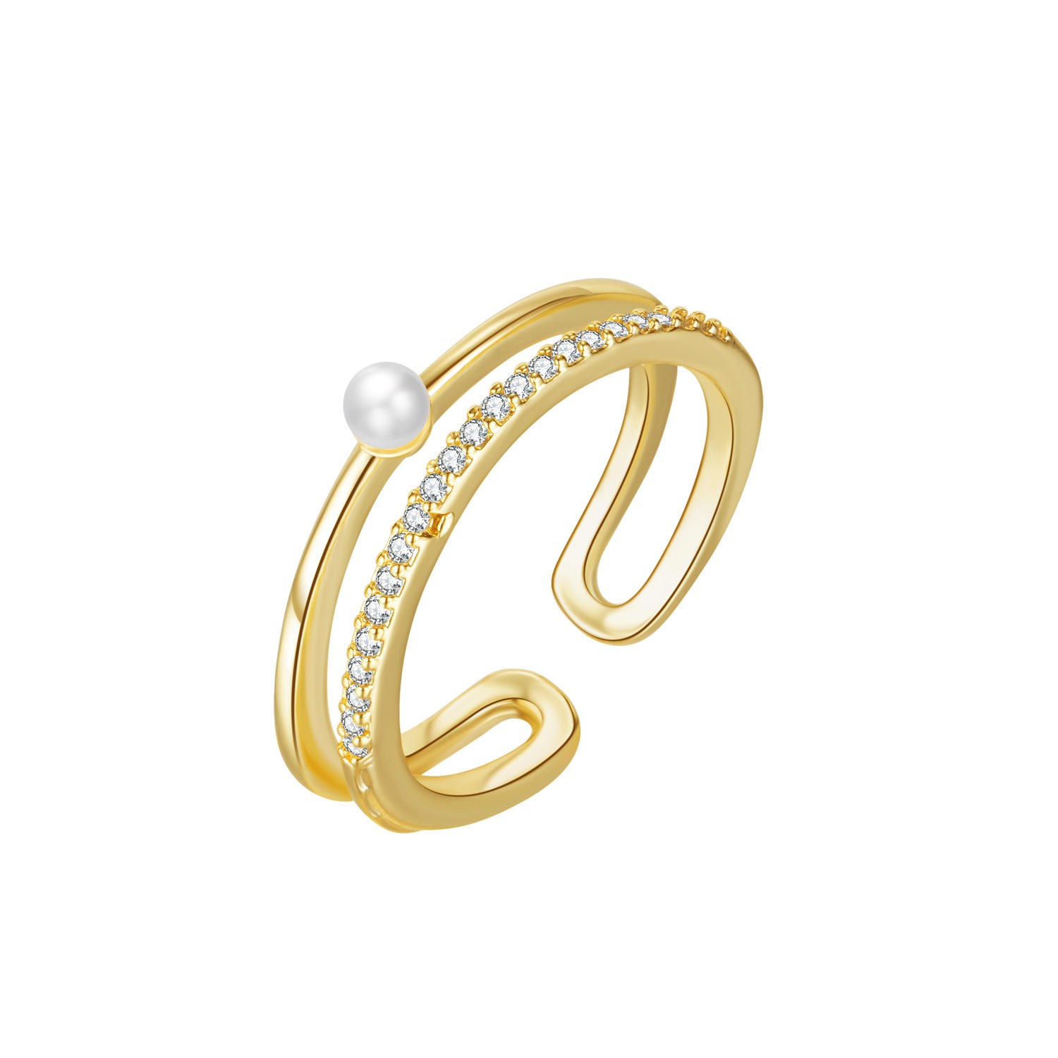 2022 Double Layered Pearl Opening Ring Gold Plated Cubic Zircon Finger Ring  for Girls Stocks Selling Fashionable Brass Jewelry