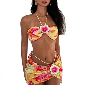 Wholesale <b>3</b> <b>Piece</b> Floral Swimwear Halter Bandeau <b>Bikini</b> Set with Mesh Sarong Wrap Skirt Sexy Tropical Beach Vacation Swimsuit - Product Image 4