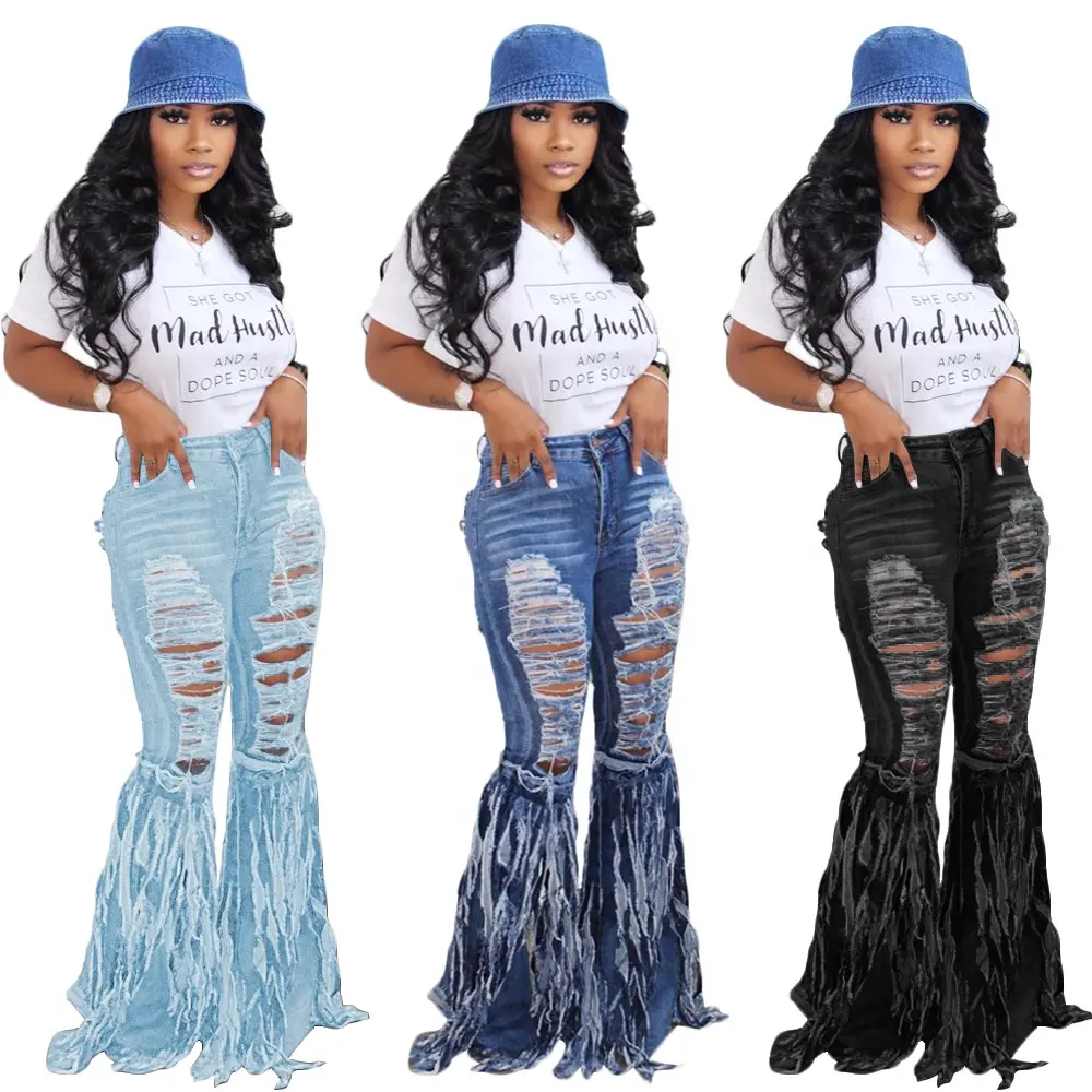 SN471482 Fashion Denim Zipper Fly Mid Tassel Shredded Hole Old Ripped Straight Bell Bottom Pants Club Wear Boot Cut Jeans