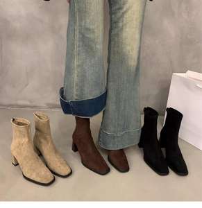 Bottines à talons hauts style coréen en cuir nubuck pour femmes, nouvelle collection automne-hiver 2025, bottines courtes à bout carré et fines - Product Image 2
