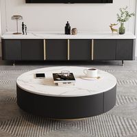 Table basse moderne ronde en bois avec plateau en marbre et tiroir, fonction de rangement intégrée, en pierre frittée