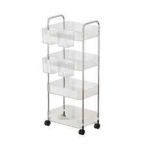 Kitchen Living Room Bathroom Storage Trolley with Basket Plastic Transparent 4 Tier Rolling Trolley