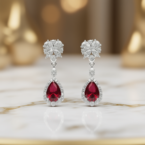 Orecchini Pendenti di Lusso in Argento 925 con Rubino, Design a Fiore, Montatura a Griffe, Gioielli da Sposa per Donna - Product Image 2