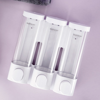 Distributeur de savon liquide triple mural avec bouteille transparente et design verrouillable, 300 ml par compartiment, pour hôtel, maison, salle de bain