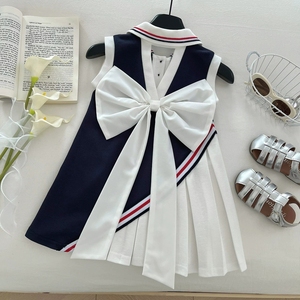 Elegante Vestito con Fiocco Blu Navy e Bianco per Bambine, Design Principessa, Gonna Estiva per Bambini 2026 - Product Image 2