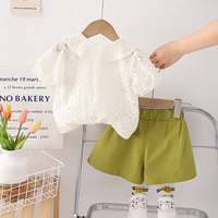 Élégant été filles décontracté solide mince dentelle à manches courtes chemise poupée col deux pièces ensemble doux nouvelle addition garde-robe pour enfants